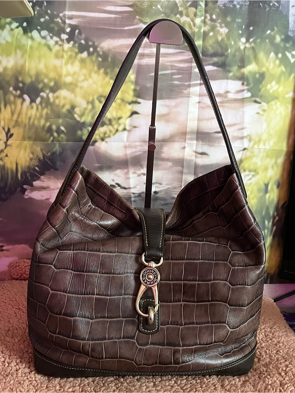 Dooney& Bourke brown crocodile embossed leather, logo lock hobo back